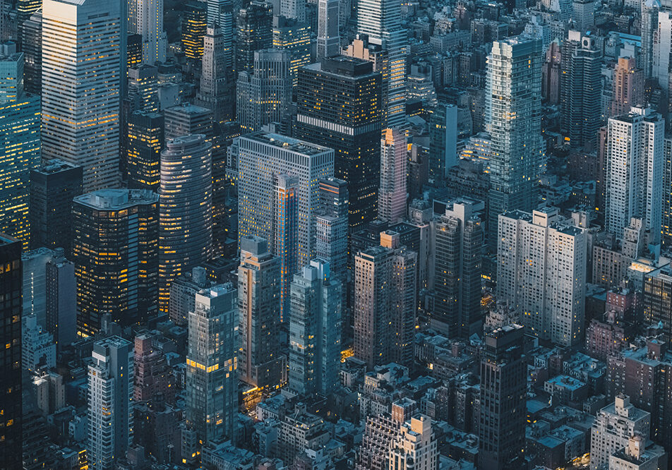 Aerial view of New York City skyline at night